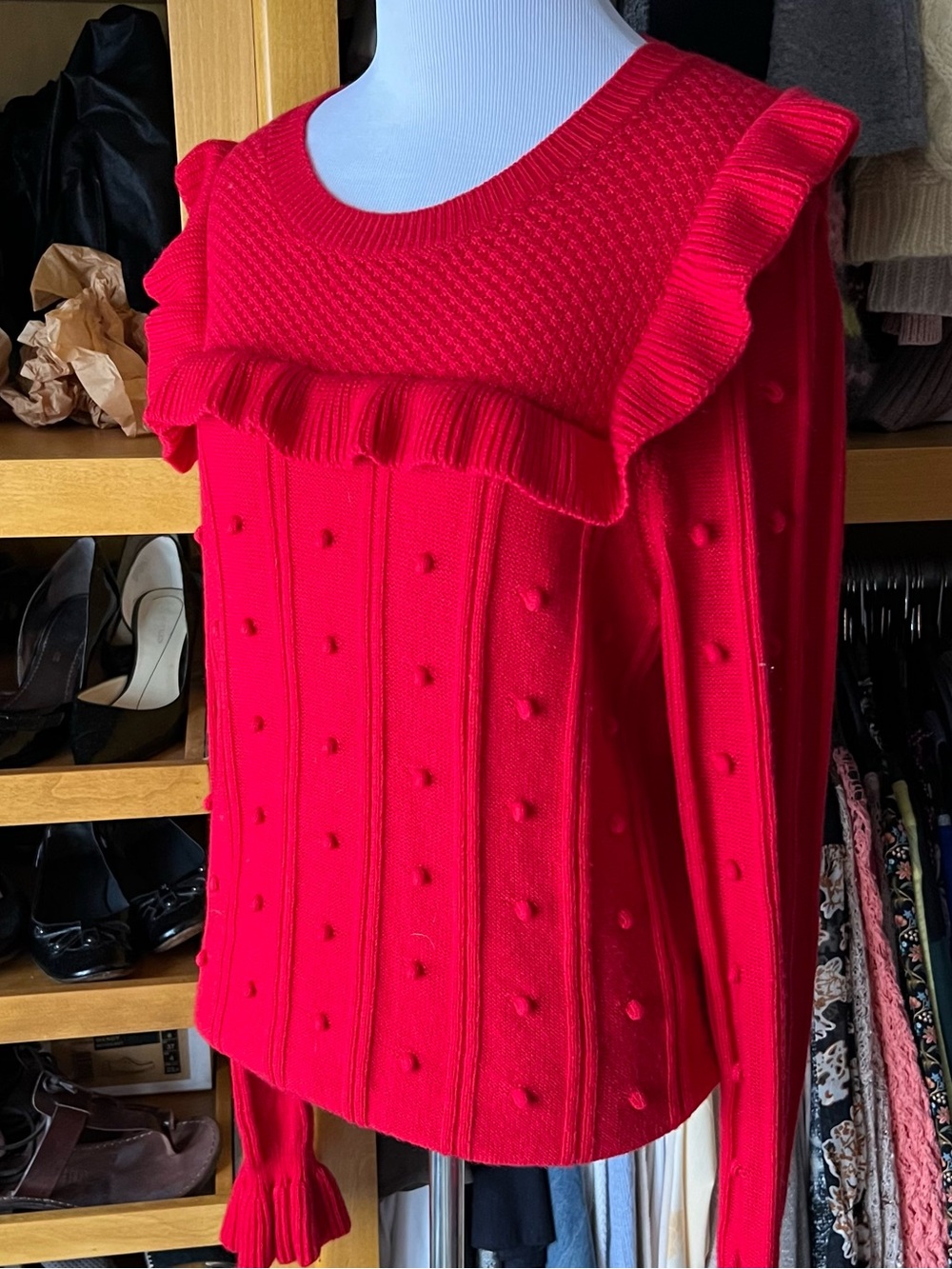 KATE SPADE NY Wool Blend Red Ruffle Popcorn-Knit Crew Sweater - Picture 4 of 7